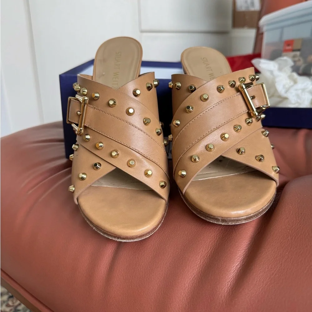 Studded Tan Heeled Sandals - Picture 2 of 6